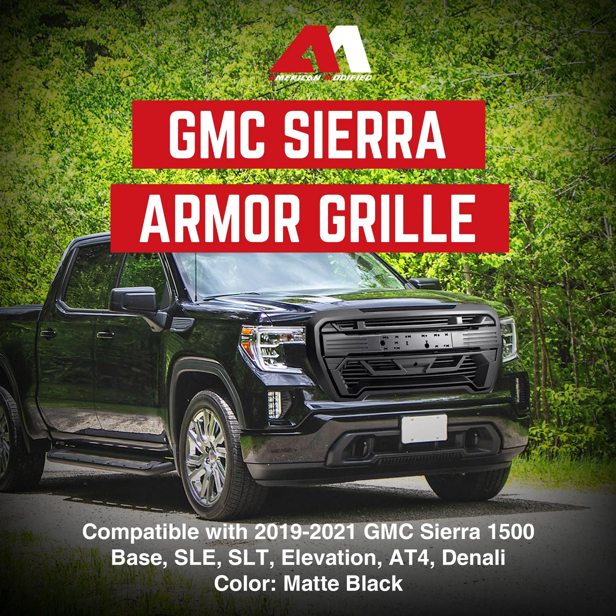 AMERICAN MODIFIED Grille w/Emblem Base, 2019-2021 GMC Sierra 1500, Matte Black
