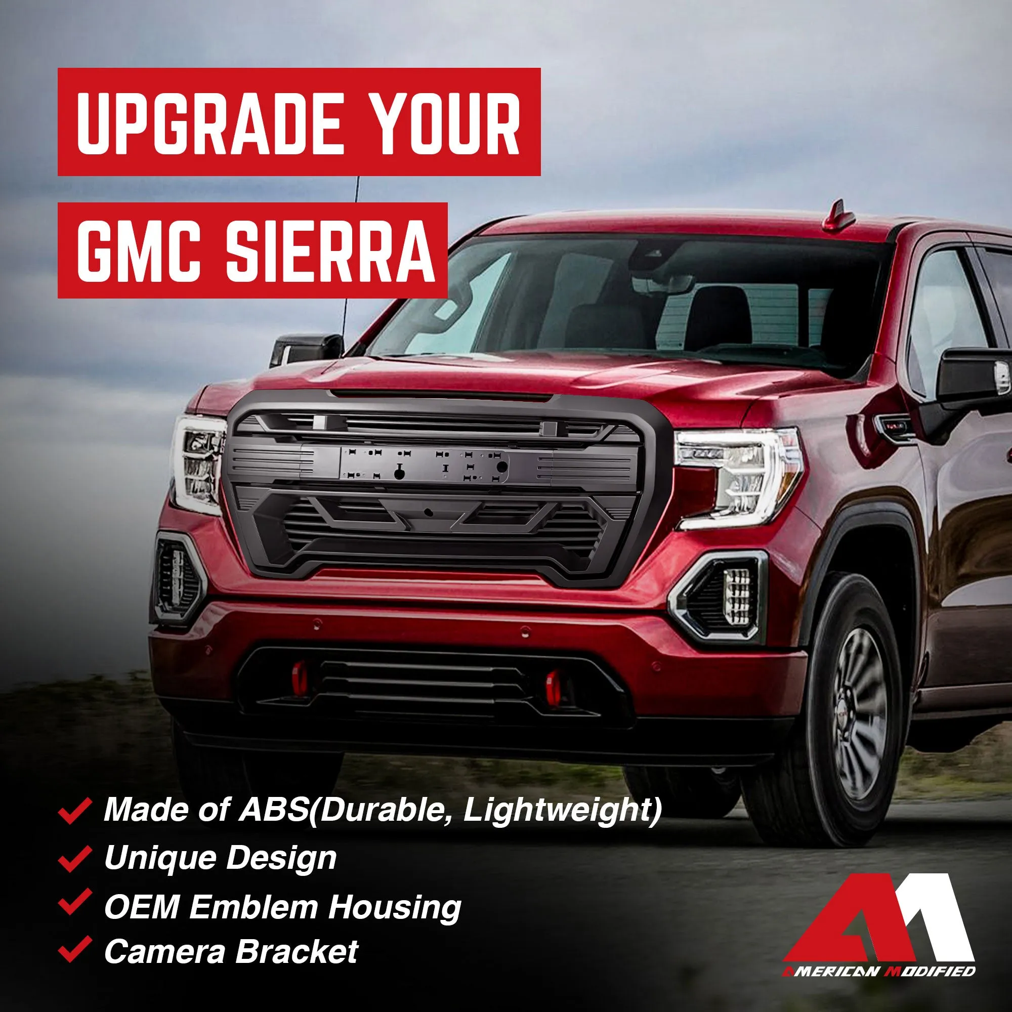 AMERICAN MODIFIED Grille w/Emblem Base, 2019-2021 GMC Sierra 1500, Matte Black