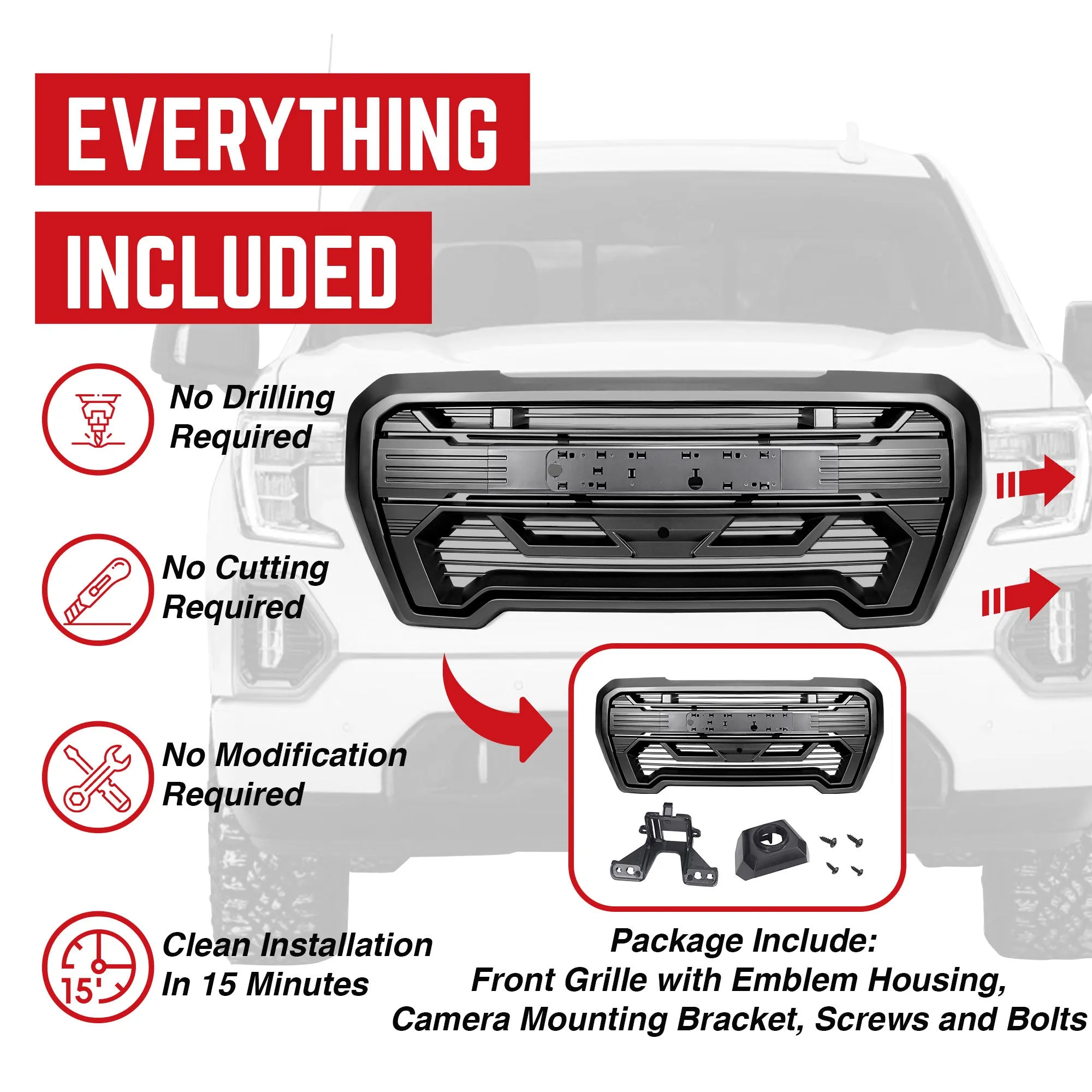 AMERICAN MODIFIED Grille w/Emblem Base, 2019-2021 GMC Sierra 1500, Matte Black