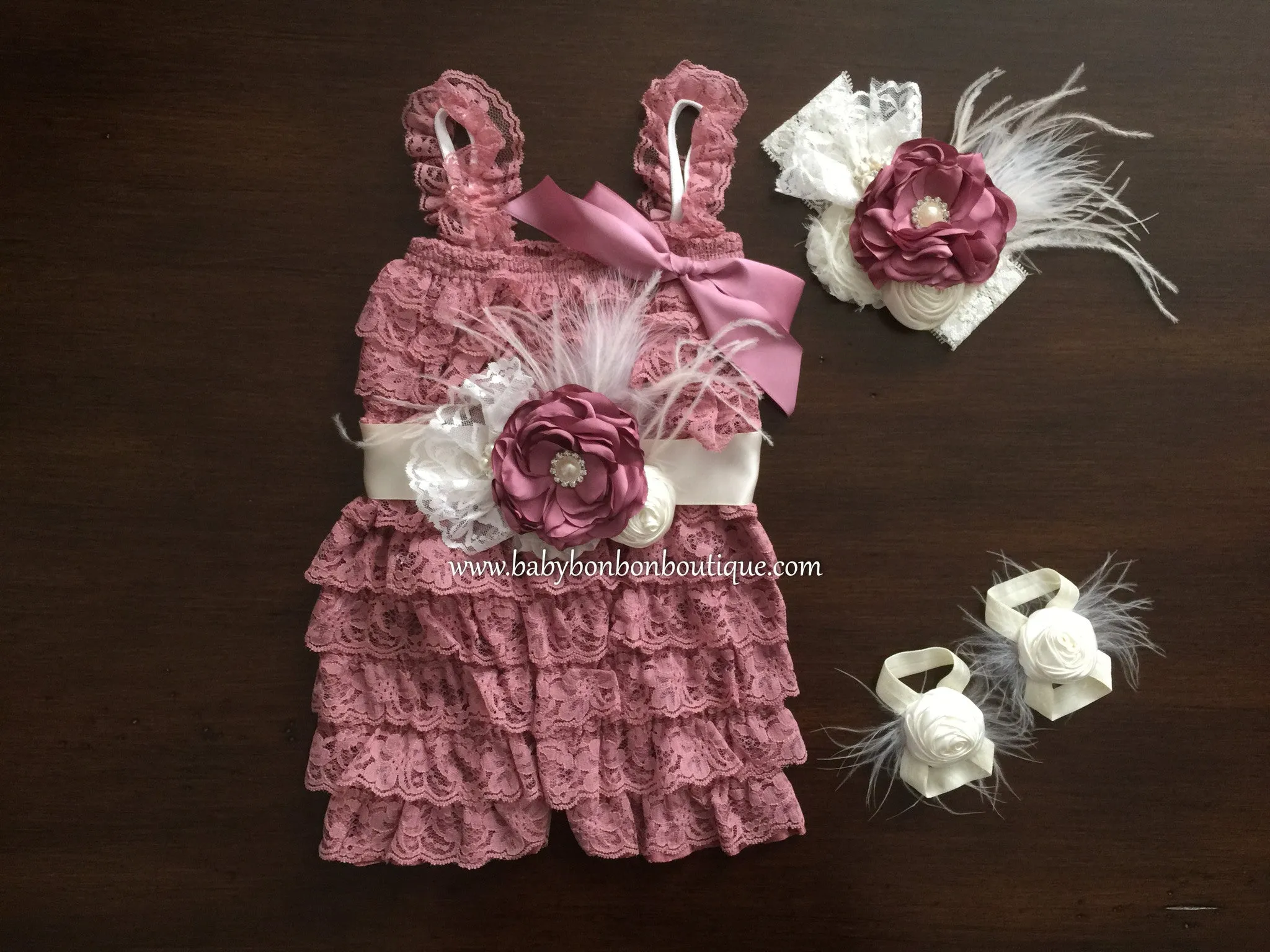 Baptism Lace Romper, Vintage Rose and Ivory