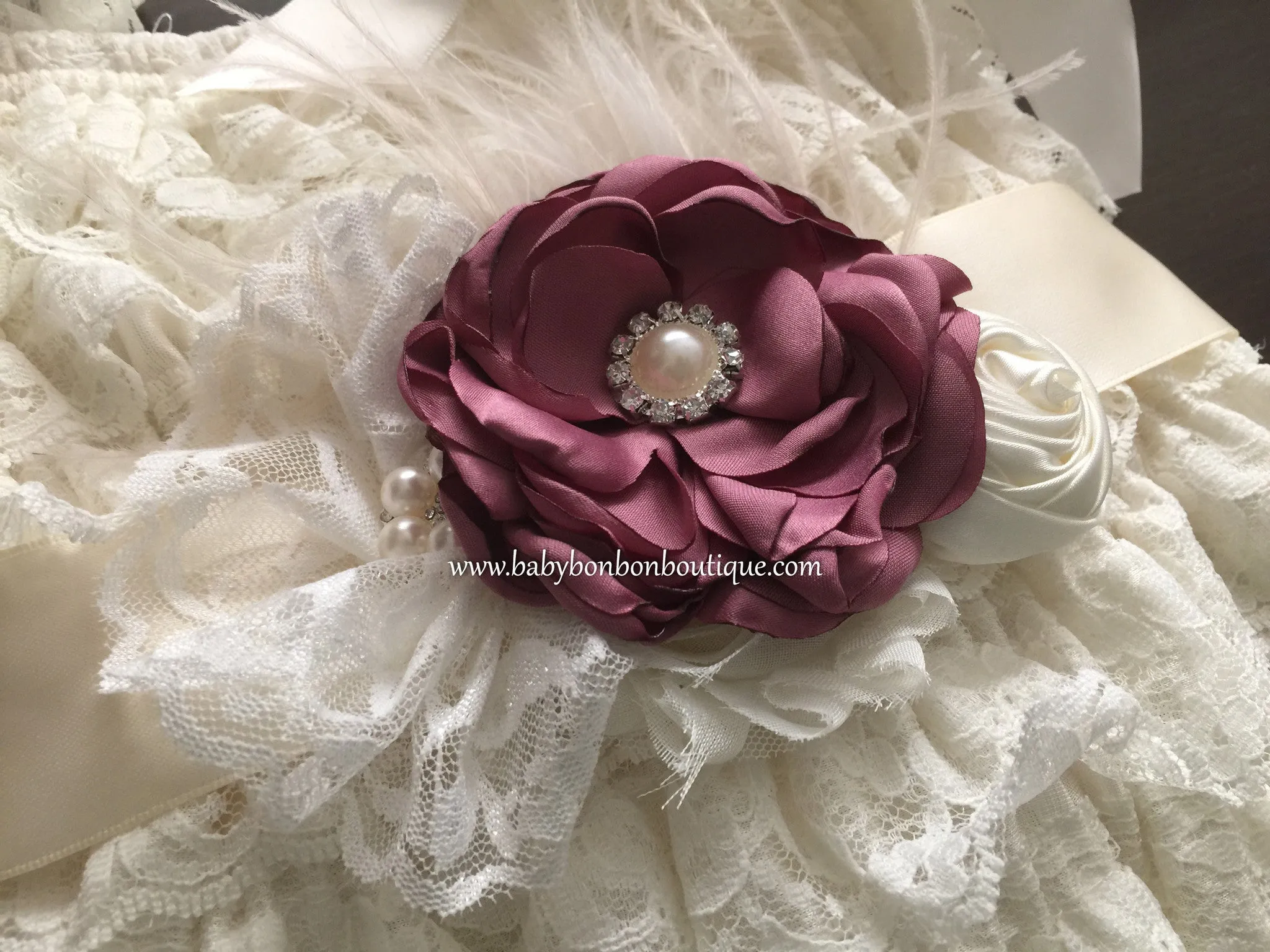 Baptism Lace Romper, Vintage Rose and Ivory