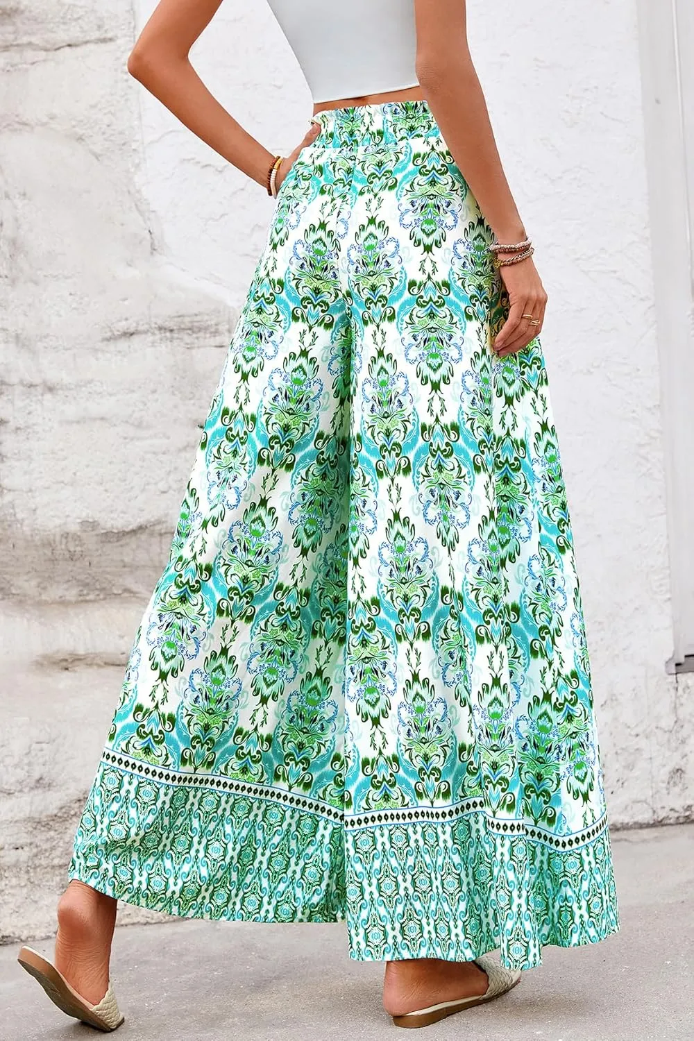 CFLONGE Women Wide Leg Pants Casual High Waist Floral Palazzo Pants for Women Flowy Trendy Lounge Boho Beach Trousers Pockets
