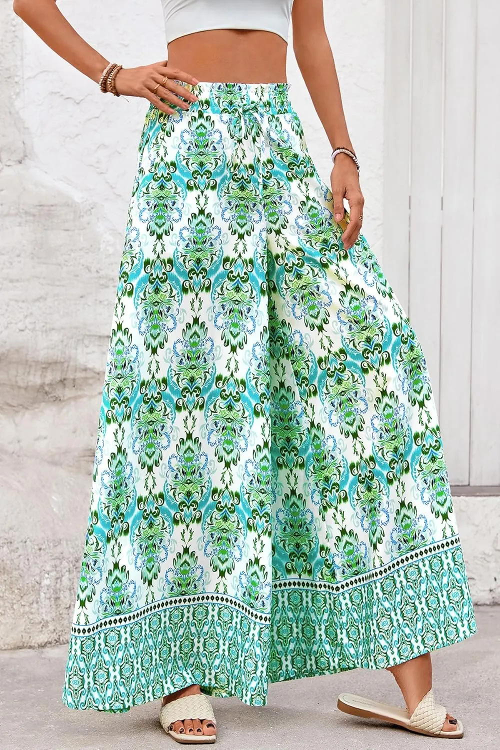 CFLONGE Women Wide Leg Pants Casual High Waist Floral Palazzo Pants for Women Flowy Trendy Lounge Boho Beach Trousers Pockets