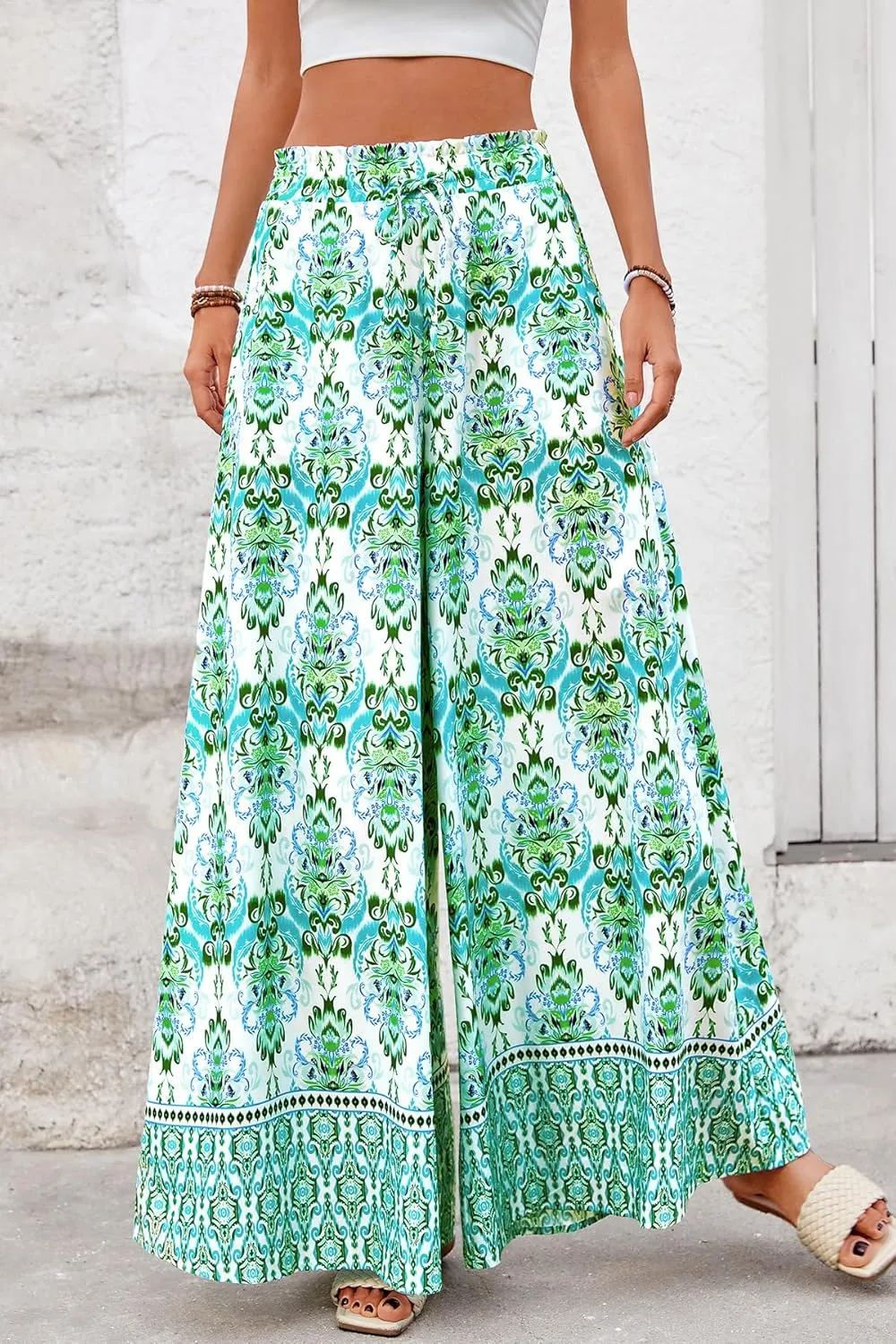 CFLONGE Women Wide Leg Pants Casual High Waist Floral Palazzo Pants for Women Flowy Trendy Lounge Boho Beach Trousers Pockets