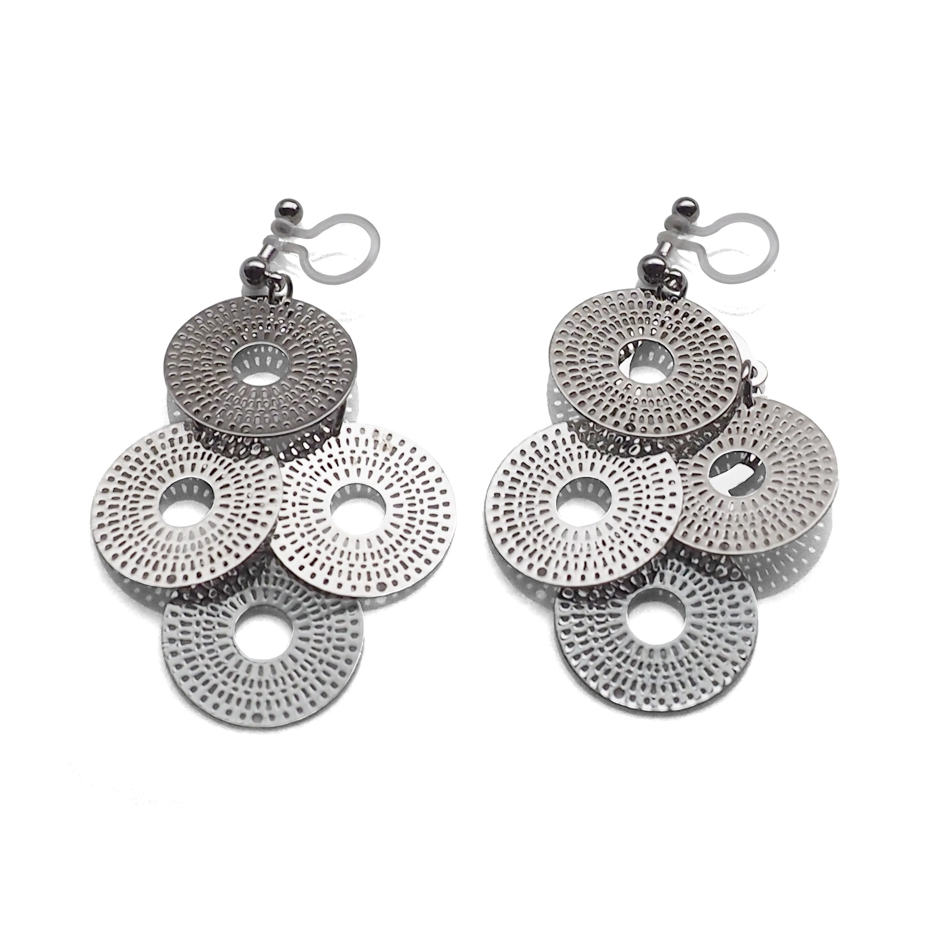 Dangle silver circle filigree invisible clip on earrings