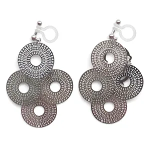 Dangle silver circle filigree invisible clip on earrings