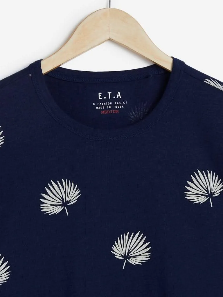 ETA Indigo Leaf Print Slim Fit T-Shirt