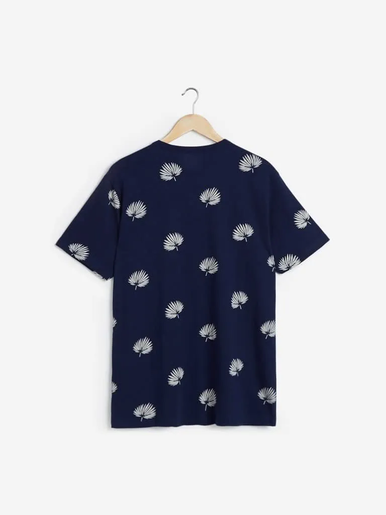 ETA Indigo Leaf Print Slim Fit T-Shirt