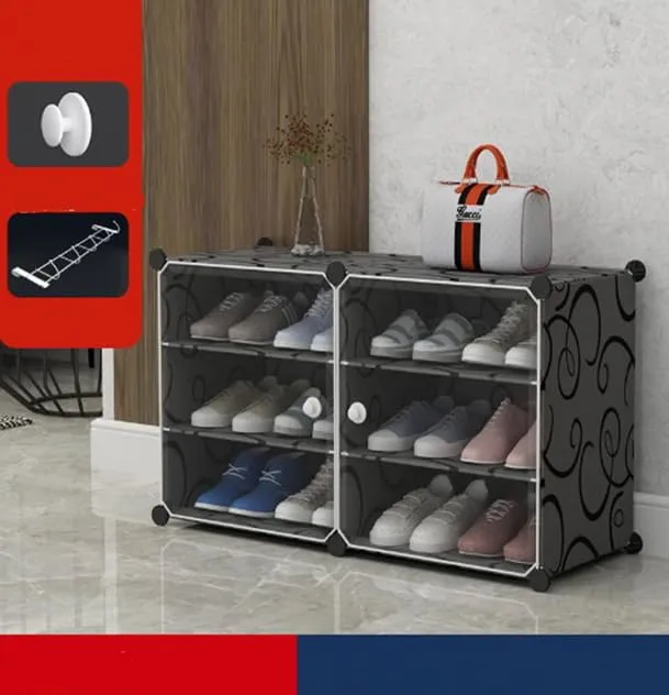 Kuber Industries Pack of 6 Shoes Cabinet |2 Column 3-Tier Foldable Shoe Rack Organizer for Closet | Plastic Shoe Shelf Collapsible Shoes Storage Box |Shoe Cabinet with Lids | JL2C3TBK | Black