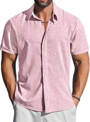 LETSEE Linen Shirts for Men Short Sleeve Button Down Dress Casual Shirt Beach Summer Wedding Hawaiian Outfit