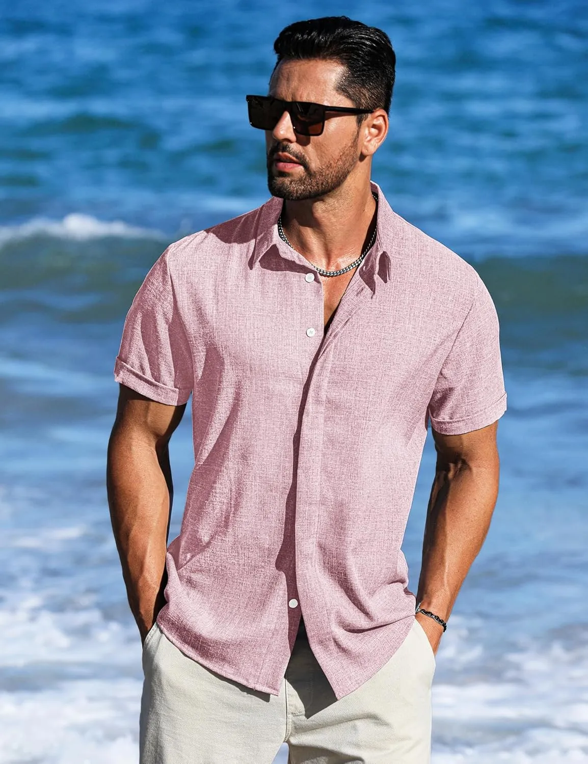 LETSEE Linen Shirts for Men Short Sleeve Button Down Dress Casual Shirt Beach Summer Wedding Hawaiian Outfit