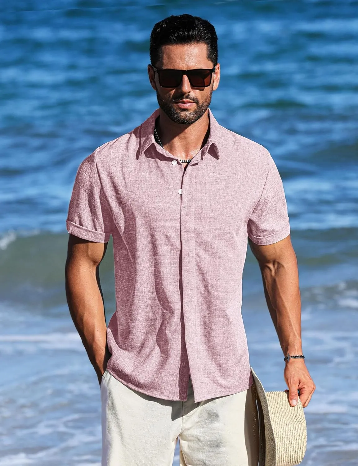 LETSEE Linen Shirts for Men Short Sleeve Button Down Dress Casual Shirt Beach Summer Wedding Hawaiian Outfit