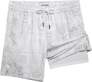 maamgic Mens Swim Trunks 7" Swim Shorts with Compression Liner Quick Dry Swimming Trunks Plaid Grain Bathing Suit