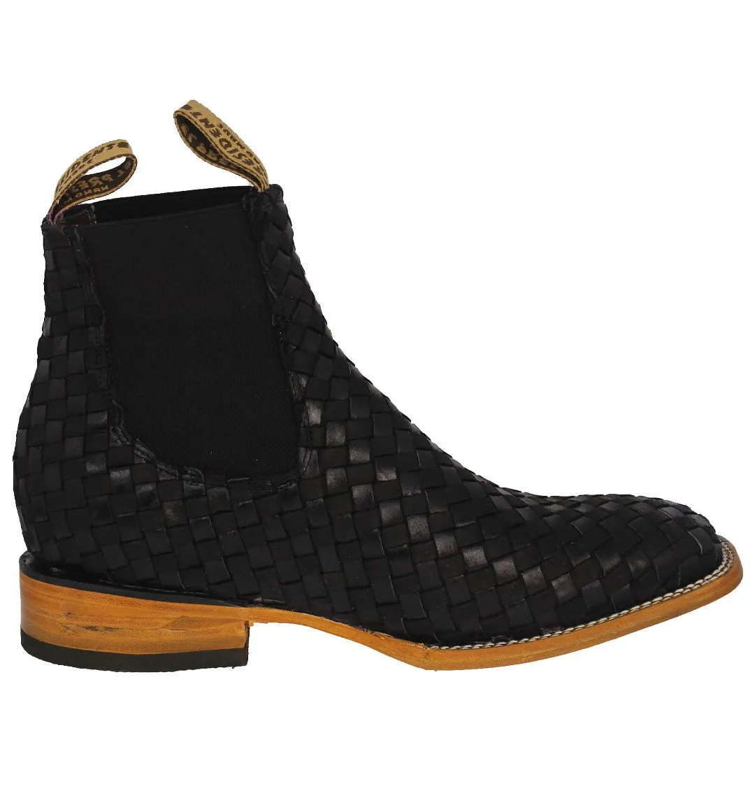 Mens Petatillo Black Chelsea Boots Woven Leather - Square Toe