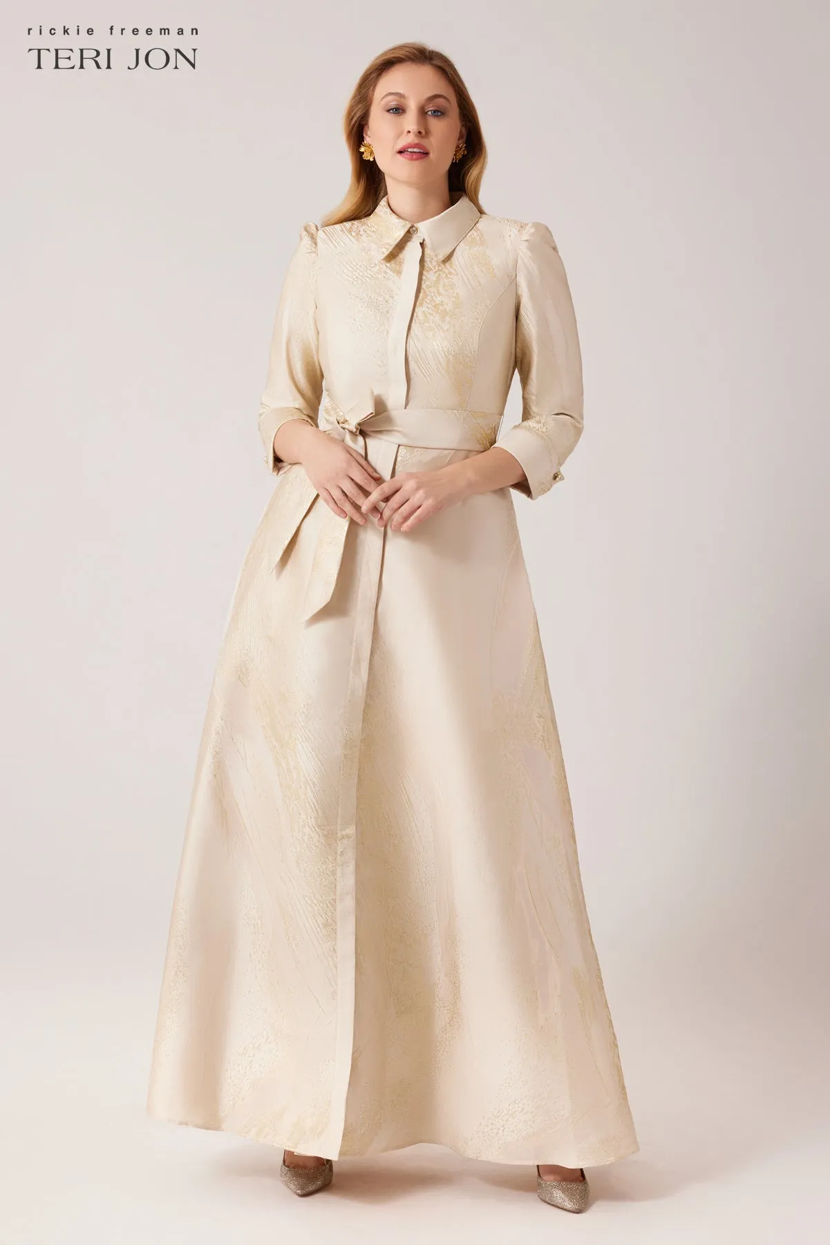 Metallic Jacquard Shirtdress Gown