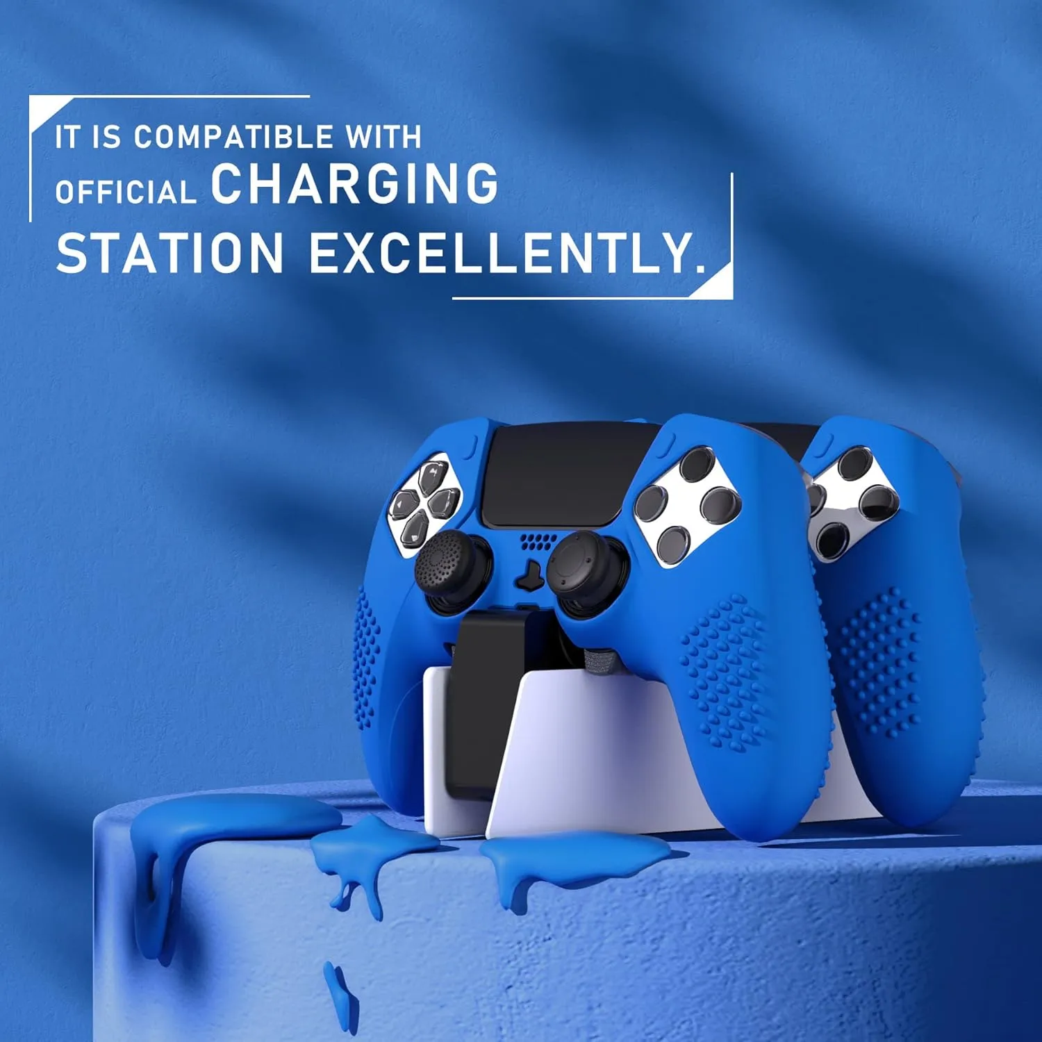 PlayVital 3D Studded Edition Anti-Slip Silicone Cover Case for ps5 Edge Controller, Soft Rubber Protector Skin for ps5 Edge Wireless Controller with 6 Thumb Grip Caps - Blue