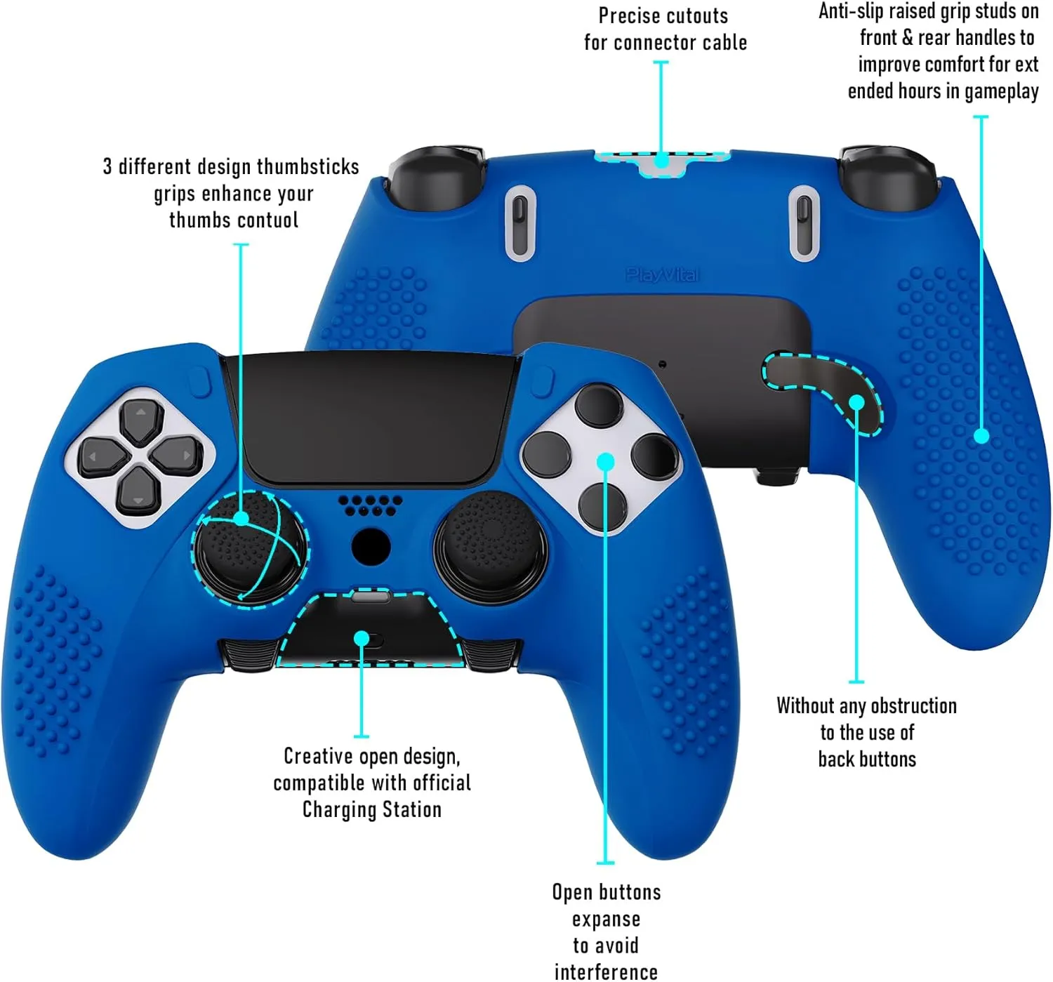 PlayVital 3D Studded Edition Anti-Slip Silicone Cover Case for ps5 Edge Controller, Soft Rubber Protector Skin for ps5 Edge Wireless Controller with 6 Thumb Grip Caps - Blue