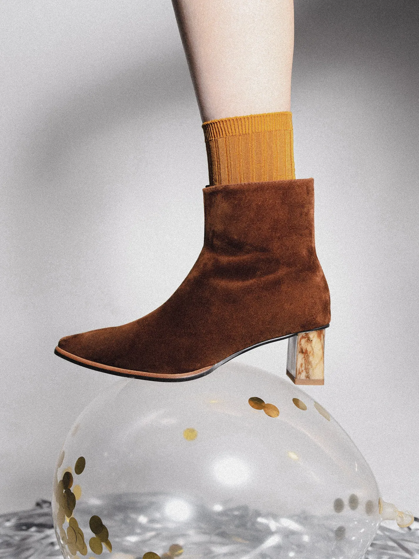 Pointed Toe V Neck Marble Heel Leather Boots