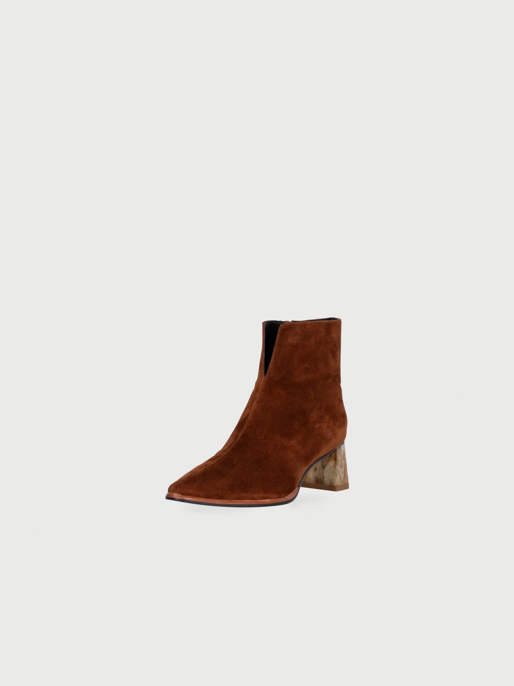 Pointed Toe V Neck Marble Heel Leather Boots
