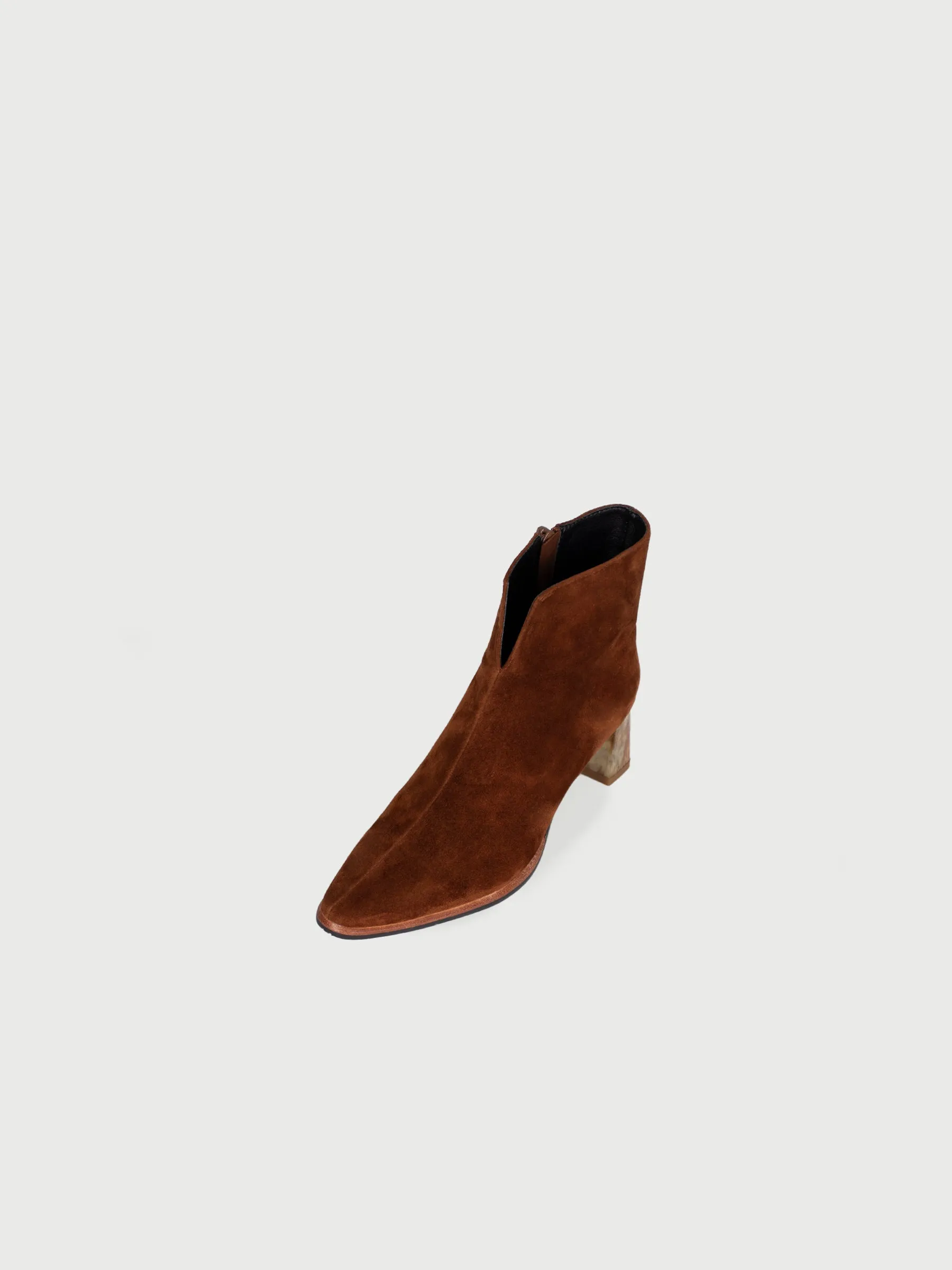 Pointed Toe V Neck Marble Heel Leather Boots