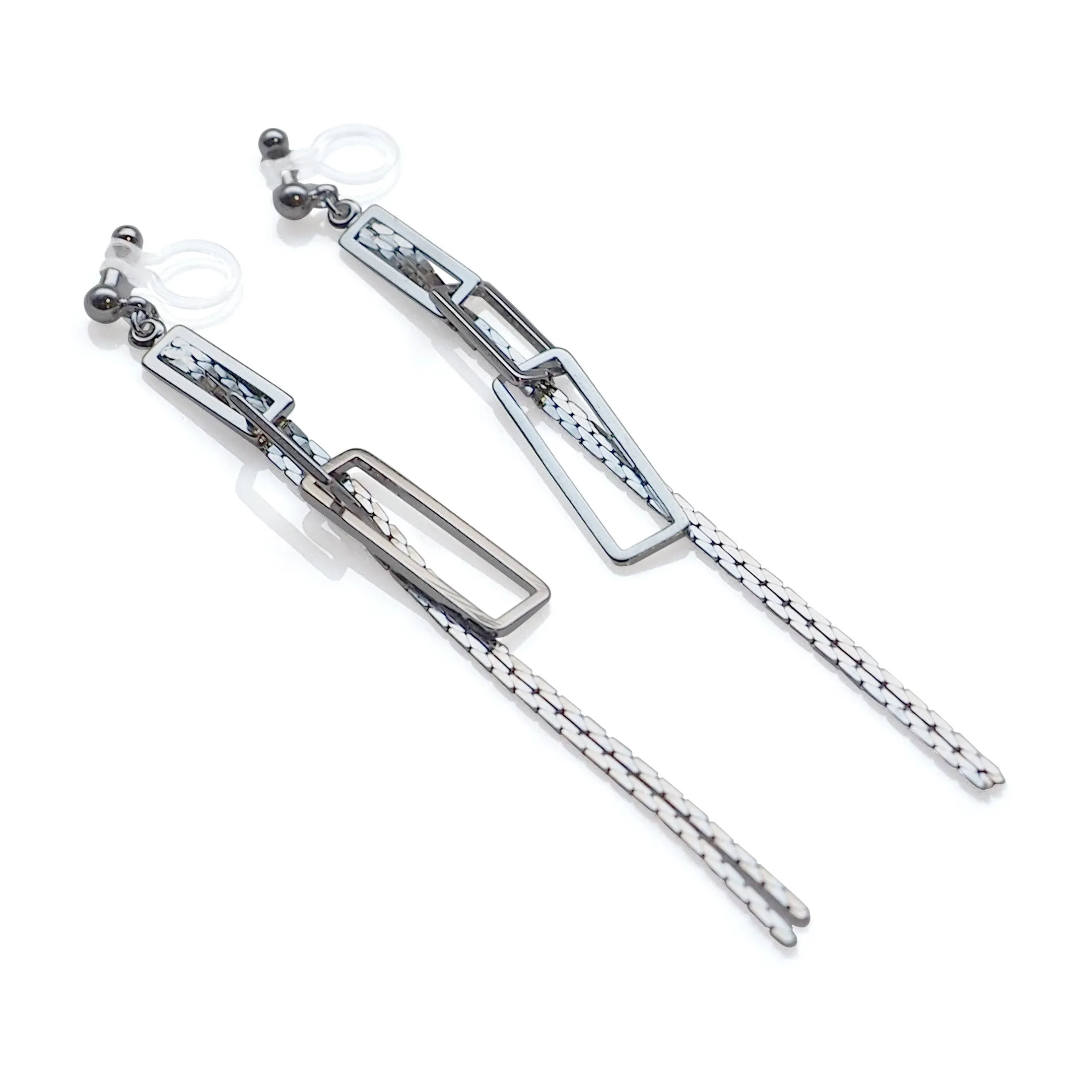 Silver chain and rectangular motif invisible clip on earrings