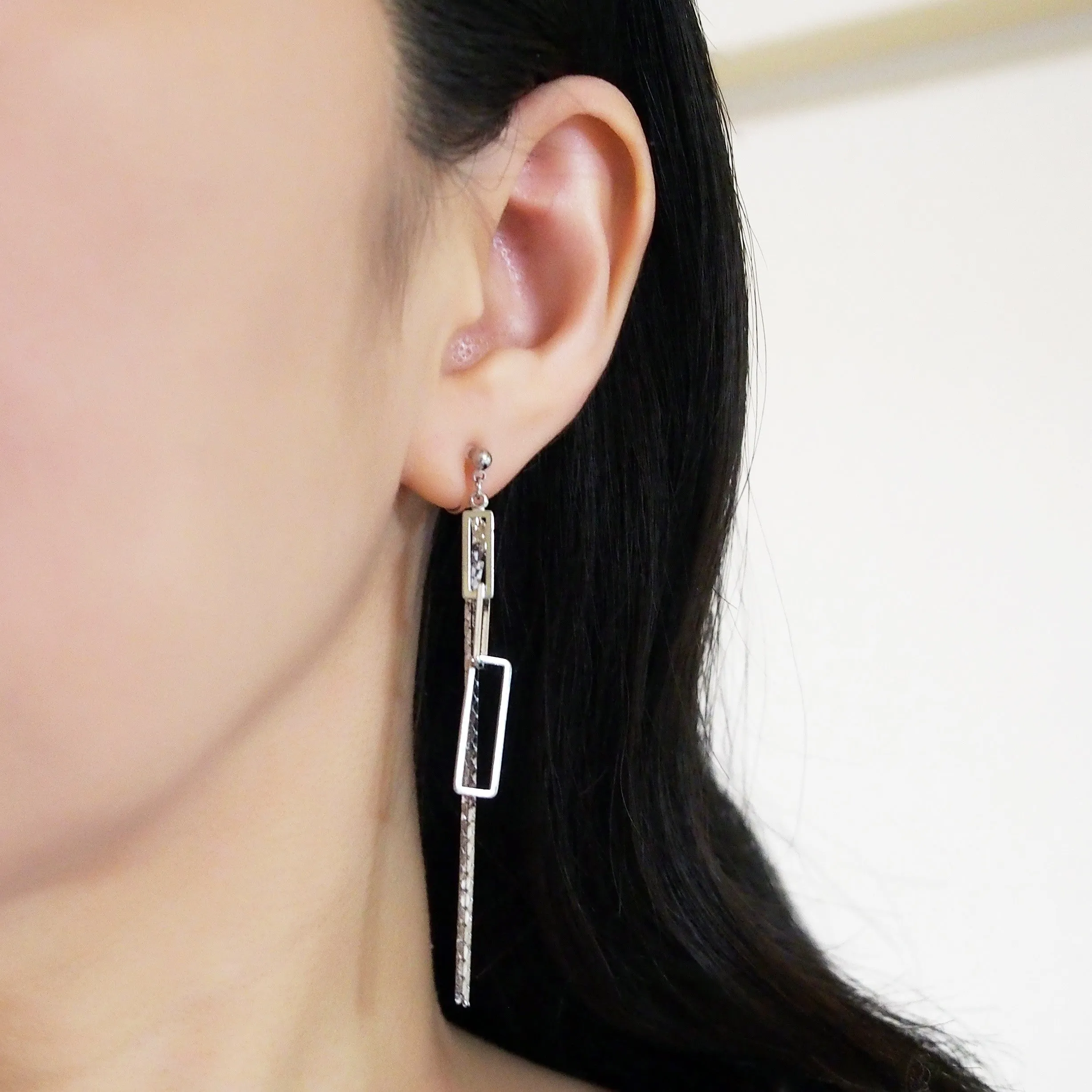 Silver chain and rectangular motif invisible clip on earrings