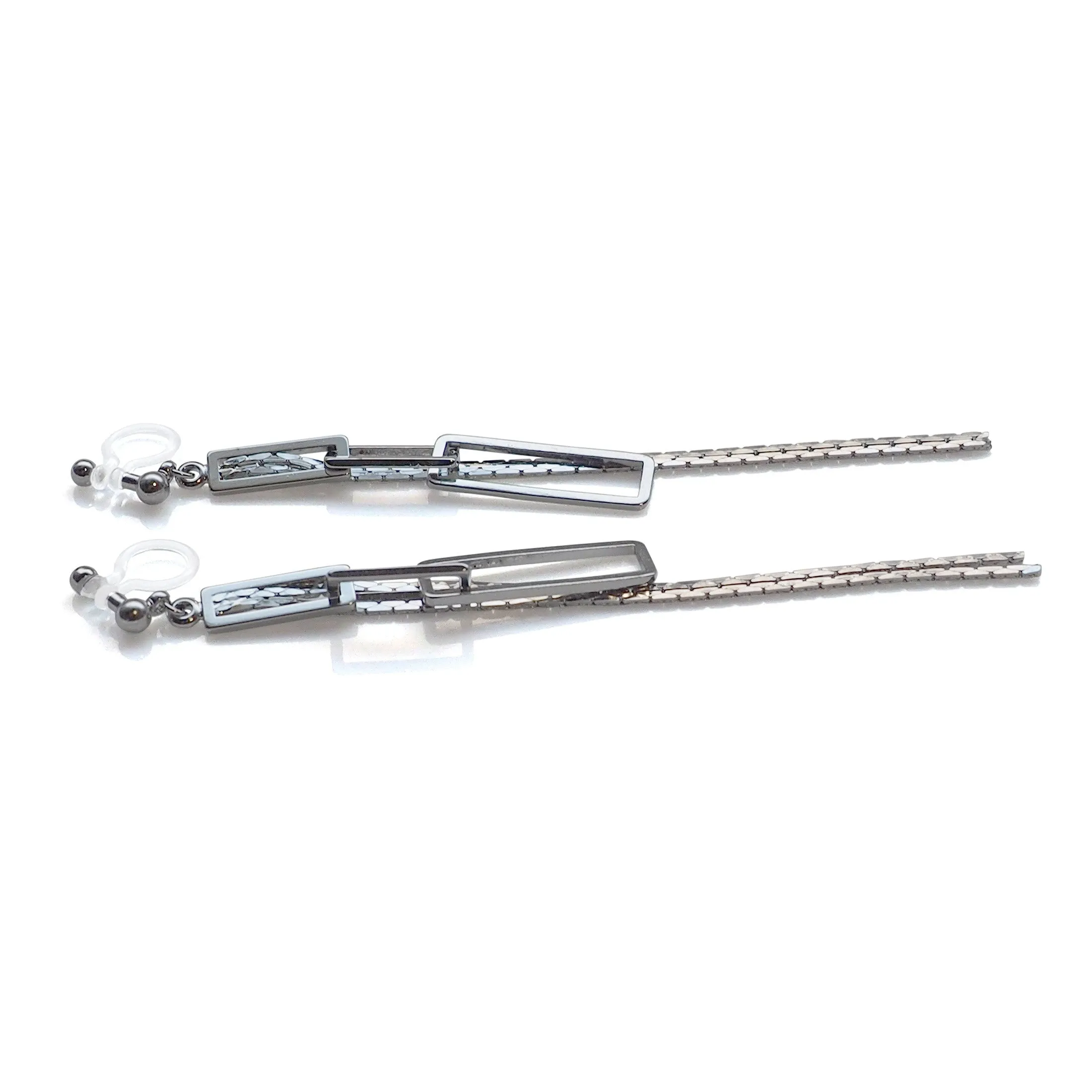 Silver chain and rectangular motif invisible clip on earrings