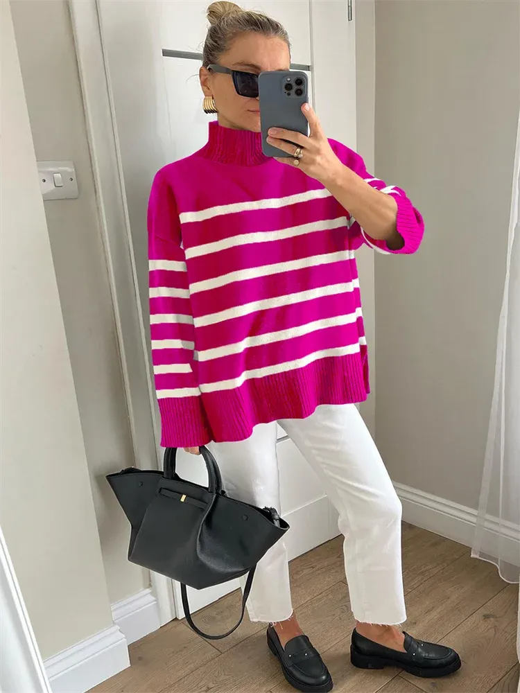 Striped Turtleneck Knitted Cozy Stylish Basic Long Sleeve Comfortable Casual Warm Sweater
