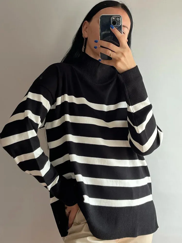 Striped Turtleneck Knitted Cozy Stylish Basic Long Sleeve Comfortable Casual Warm Sweater