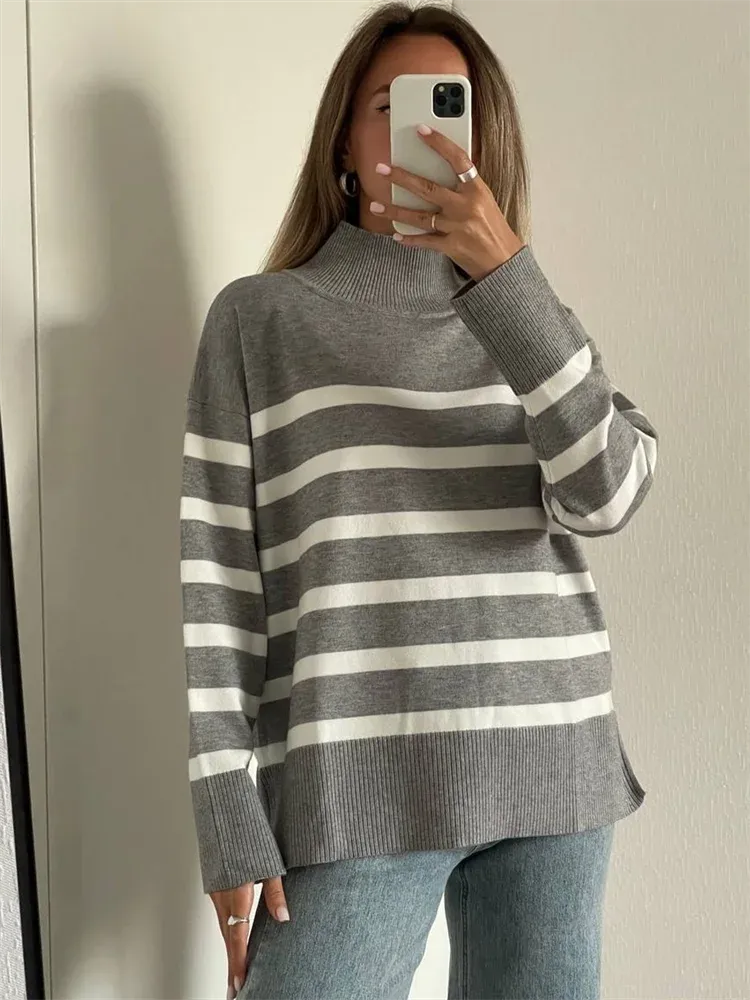 Striped Turtleneck Knitted Cozy Stylish Basic Long Sleeve Comfortable Casual Warm Sweater