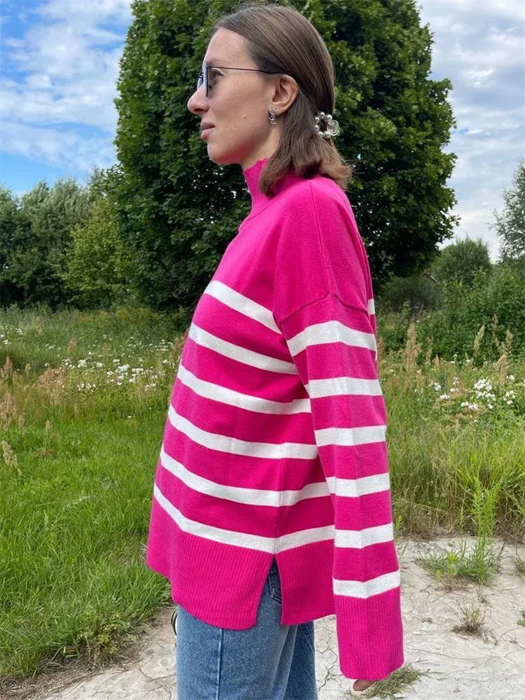 Striped Turtleneck Knitted Cozy Stylish Basic Long Sleeve Comfortable Casual Warm Sweater