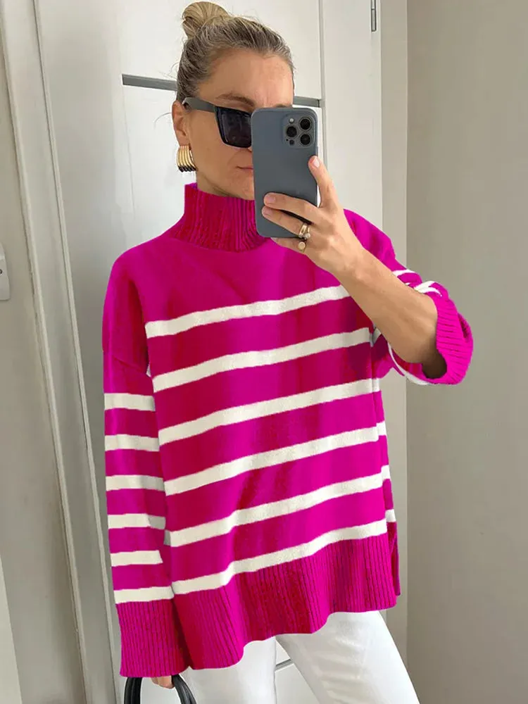 Striped Turtleneck Knitted Cozy Stylish Basic Long Sleeve Comfortable Casual Warm Sweater