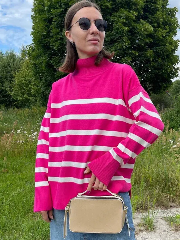 Striped Turtleneck Knitted Cozy Stylish Basic Long Sleeve Comfortable Casual Warm Sweater